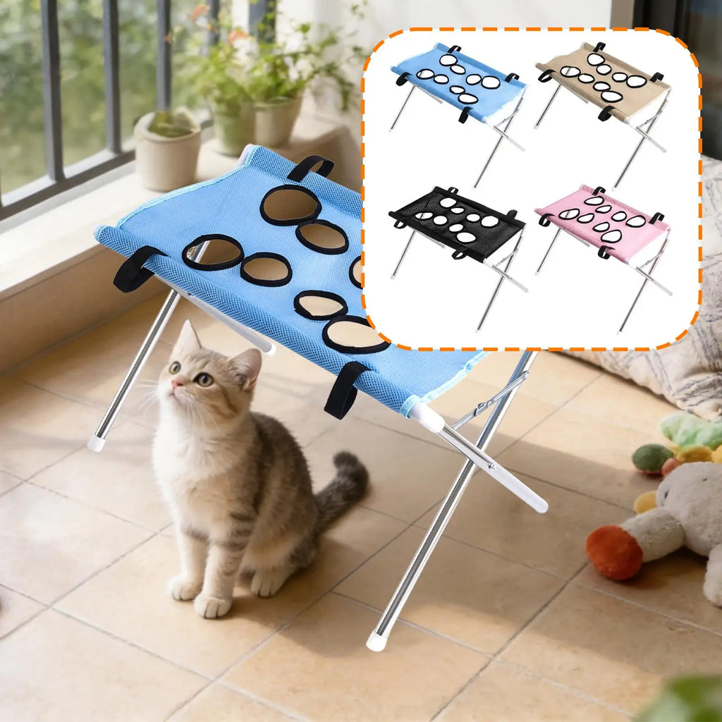 Pawperch stand in light blue with a cat beside it, and the four available colours