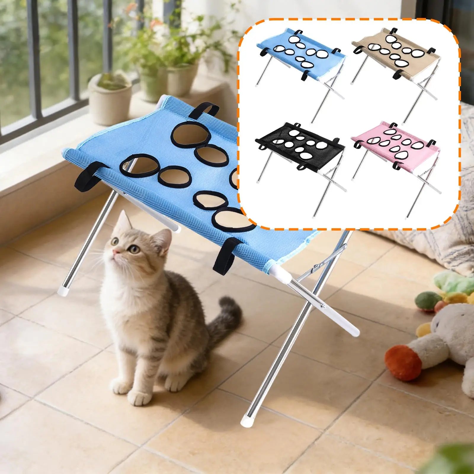 Pawperch stand in light blue with a cat beside it, and the four available colours