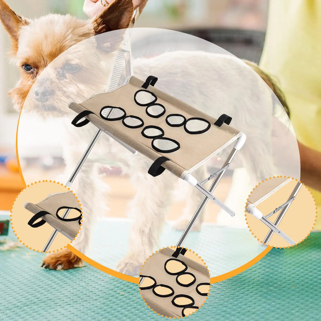 Pawperch stand in coffee beige with close-up details of the mesh, straps and folding frame