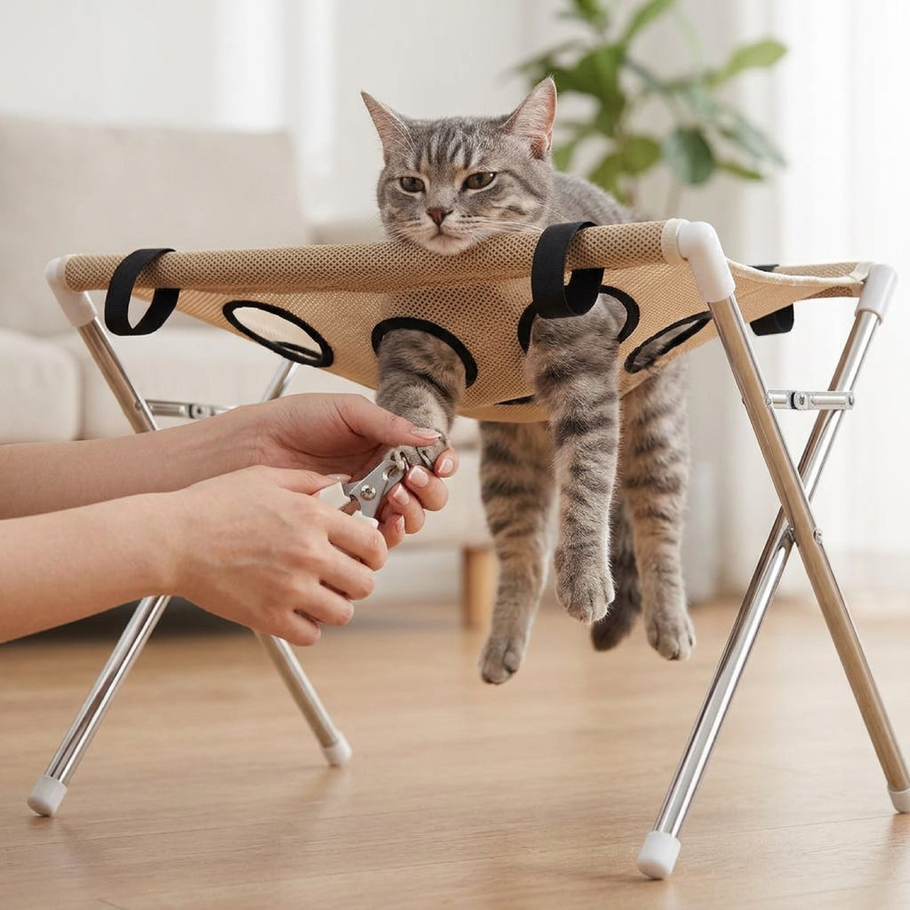 Grey tabby cat supported in the Pawperch stand, paws hanging through the mesh holes while its claws are trimmed