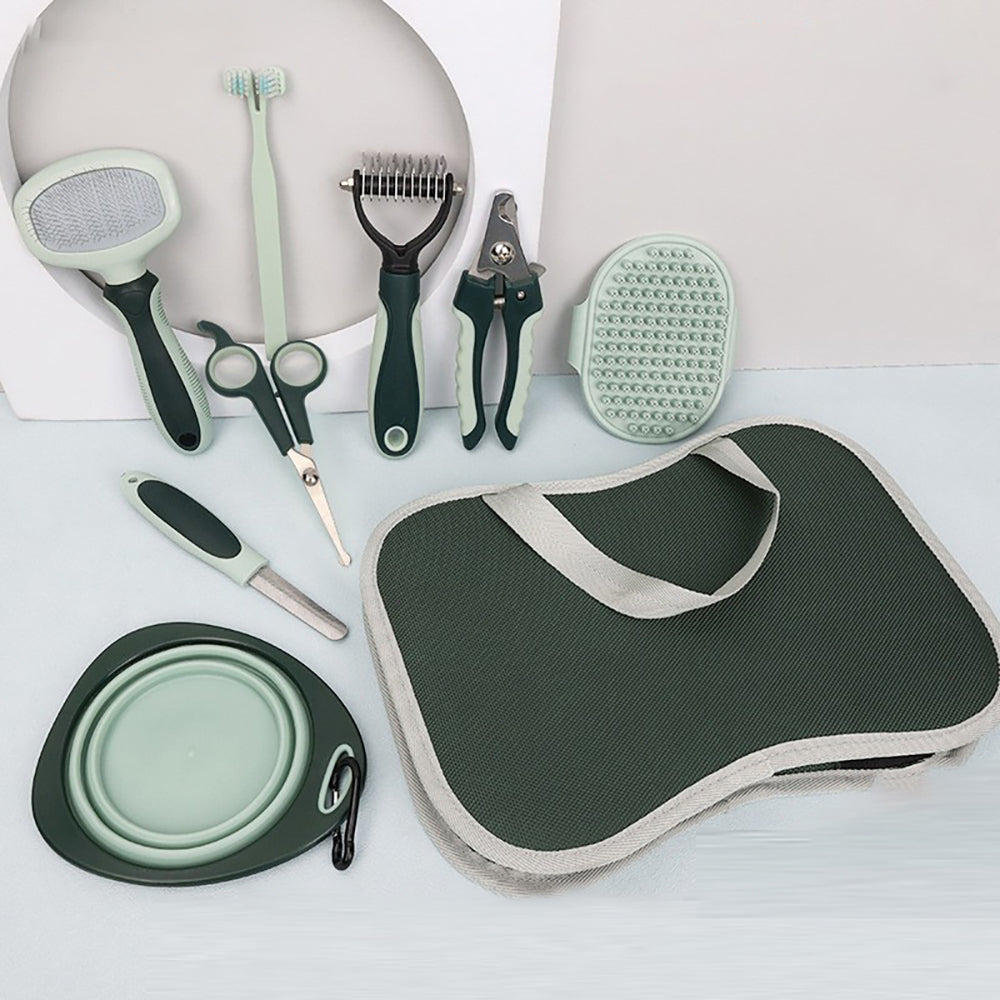 Pawperch 8-in-1 grooming toolkit laid out with carry case