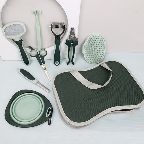 Pawperch 8-in-1 grooming toolkit laid out with carry case