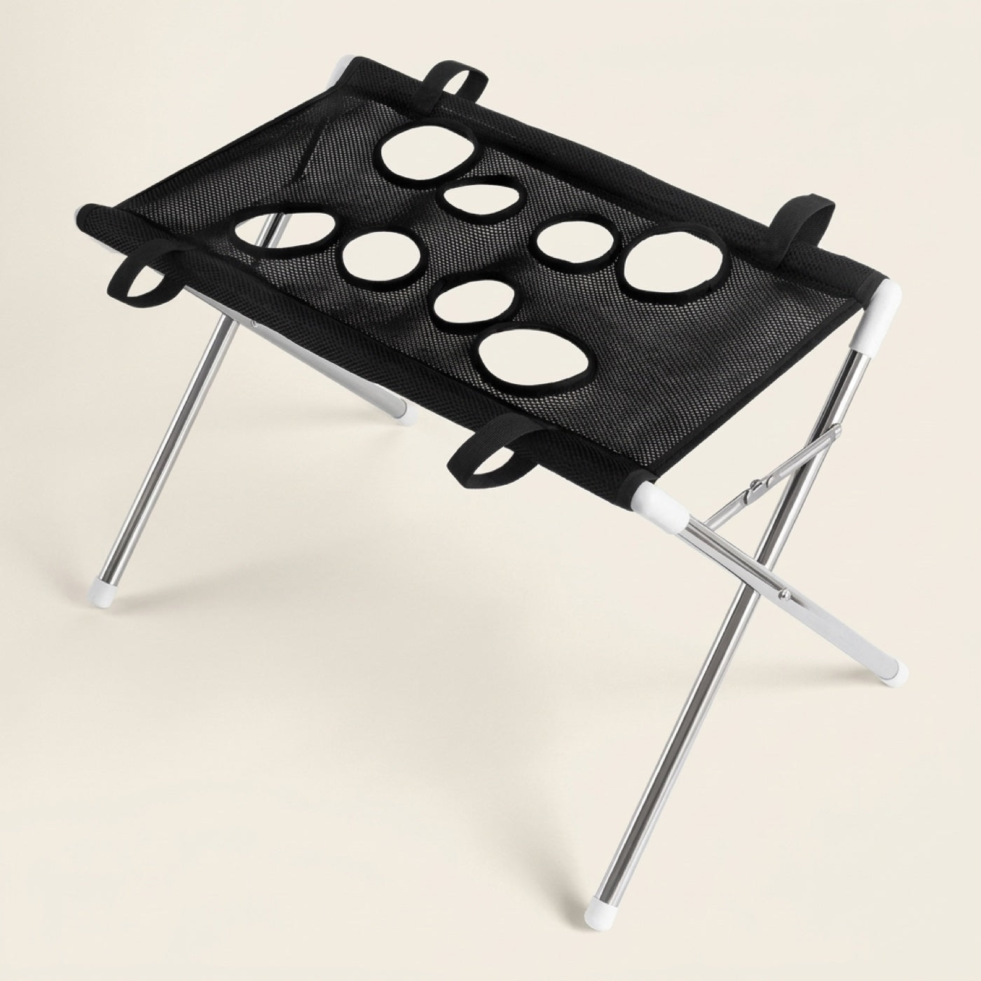 Pawperch pet washing and grooming stand in black, showing the eight black-rimmed leg holes and folding metal frame